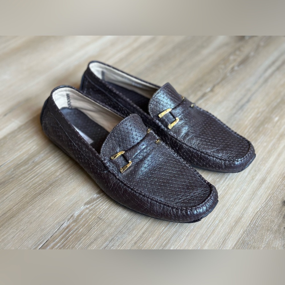 Aldo Bruè Men's Dark Brown Textured Leather Slip-On Loafers with Gold Accent